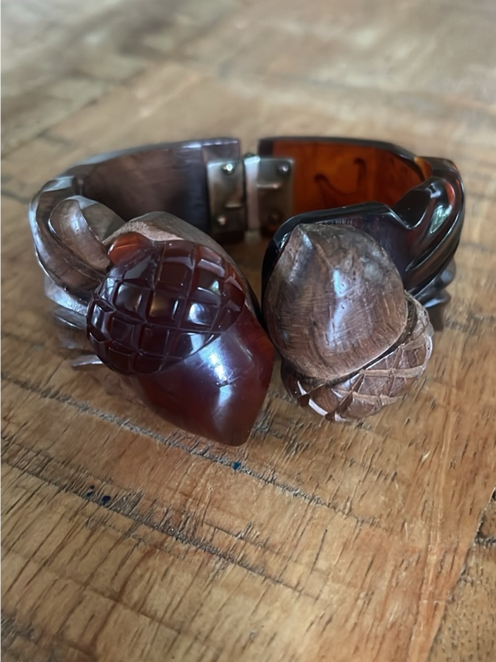 Vintage Carved Bakelite Acorn Clamper Bracelet